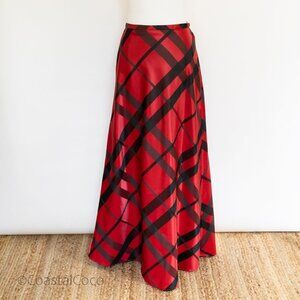 Vintage Victor Costa Red Taffeta Maxi Skirt M Plaid A-Line Dramatic Bold 90s Y2K
